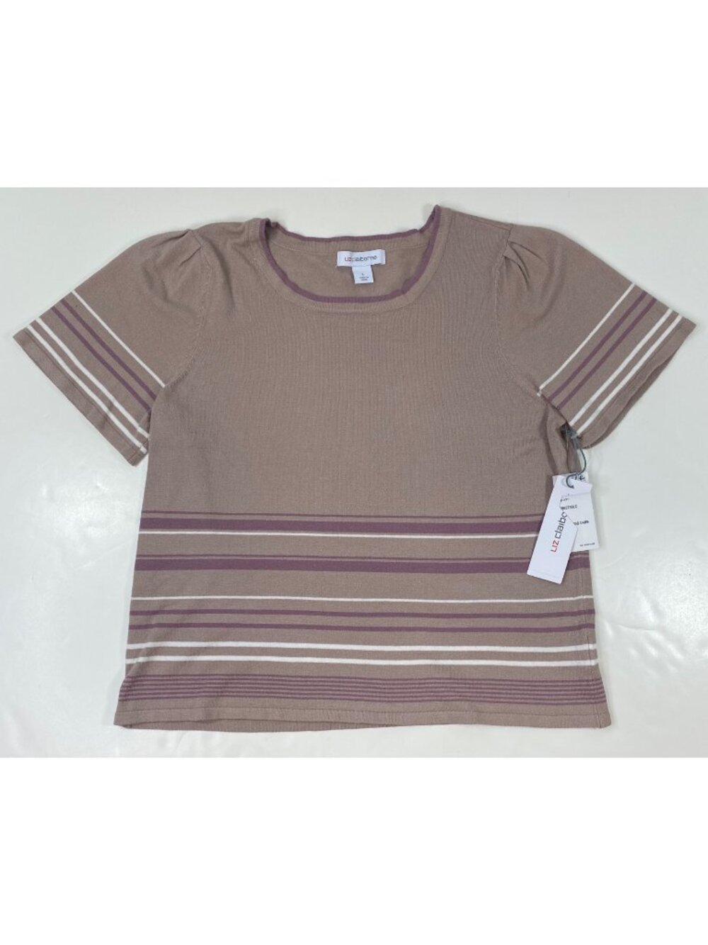 Liz Claiborne Womens Taupe  Cream Striped Short Sleeve Top Size Large